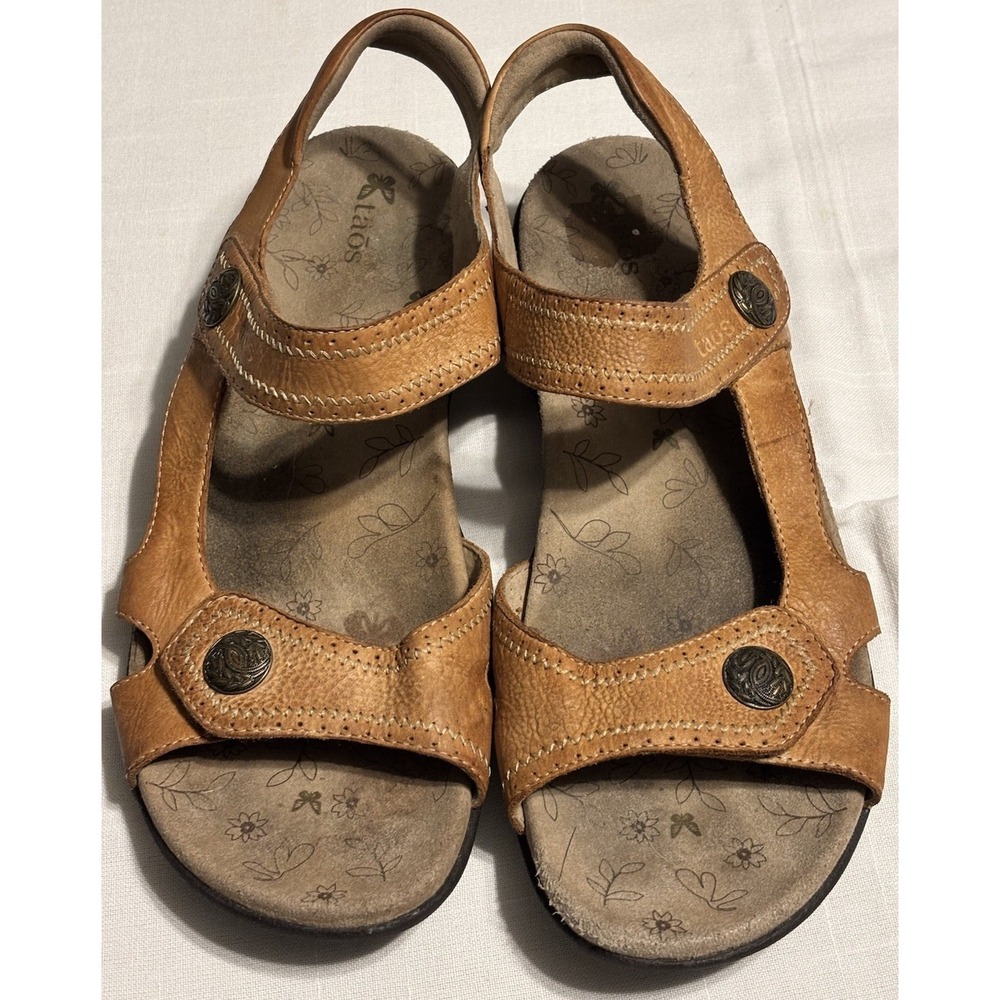 Taos Women's Tan Courage Leather Hook And Loop Ankle Strap Sandals Size 10